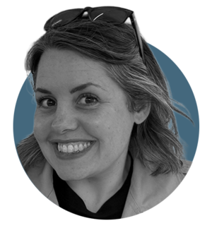 Black and white profile picture of Laura Brown in a blue circle.